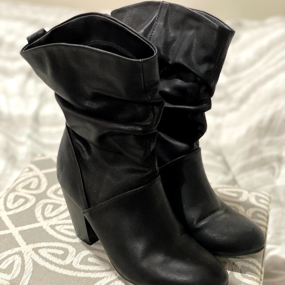 Black mid-calf heeled booties, rounded toe